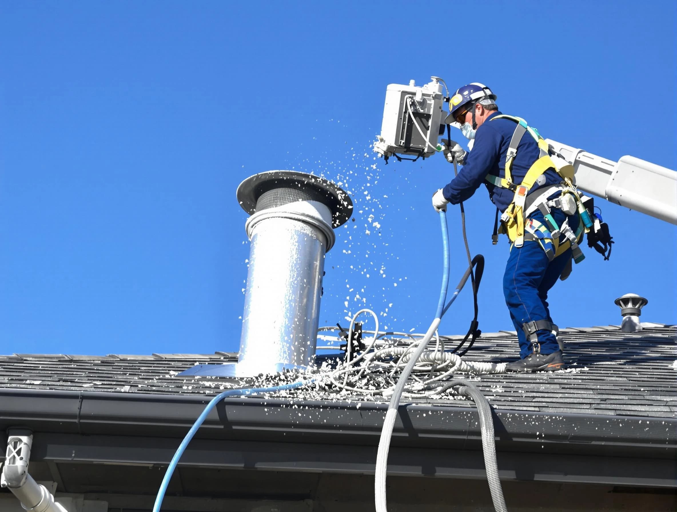 Calera Dryer Vent Cleaning certified technician safely cleaning a roof-mounted dryer vent in Calera