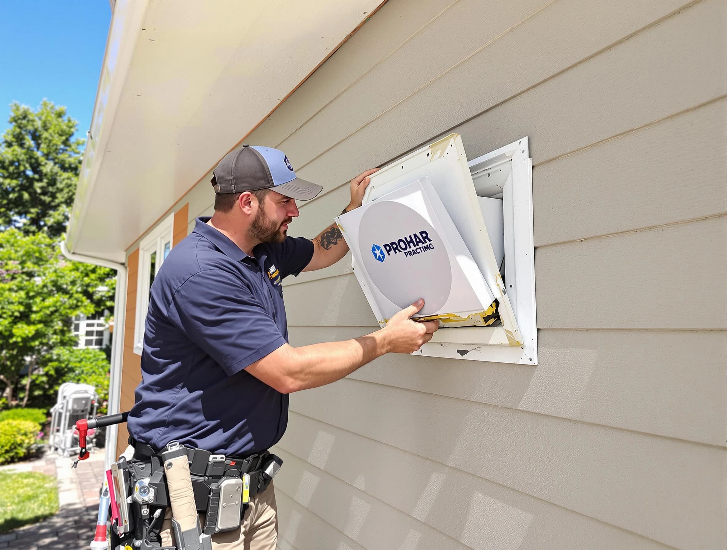 Calera Dryer Vent Cleaning technician installing a new protective dryer vent cover on a home in Calera