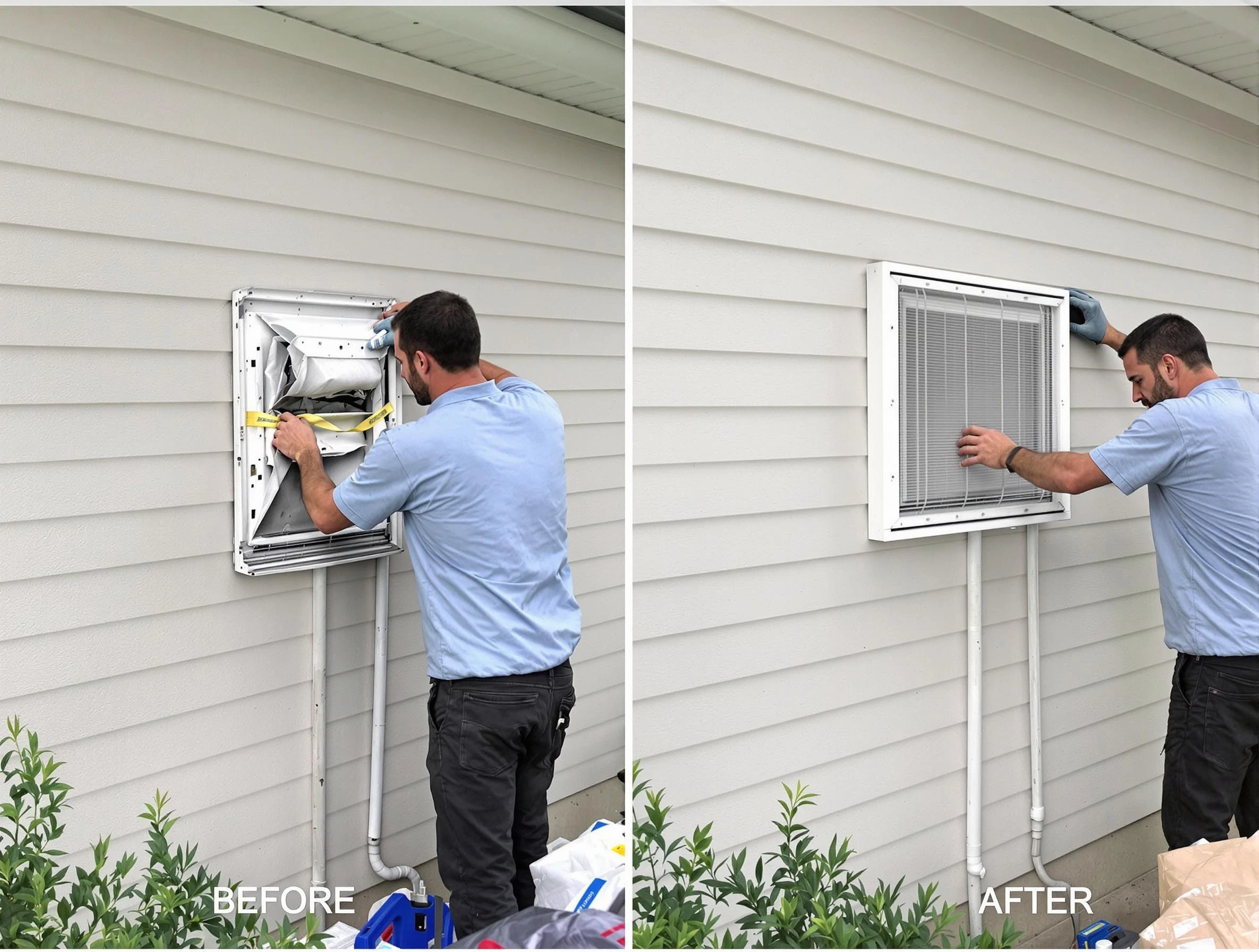 Calera Dryer Vent Cleaning technician installing high-quality dryer vent cover at a residential property in Calera